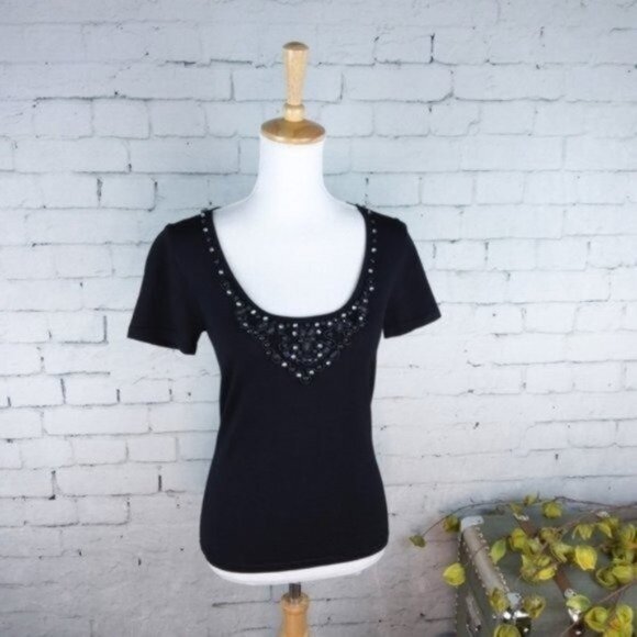 Alberto Makali Knit Embellished Scoop Neck Top Black Size Medium - Picture 1 of 7